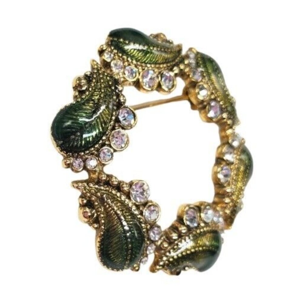 Vintage Monet Green Wreath Brooch Rhinestone Enamel Paisley Circle Gold Tone - Picture 3 of 9